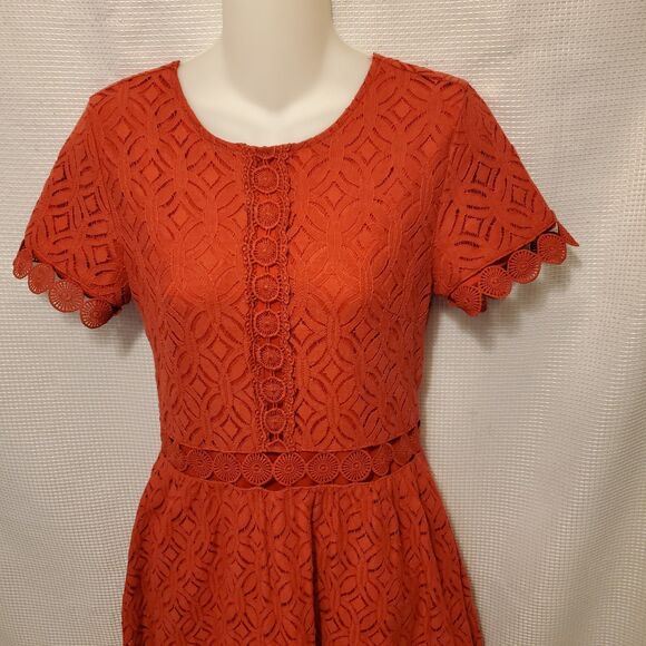Jessakae Sz Small Red Crochet Lined Midi Dress Cottage Knit Bohemian - Picture 2 of 7